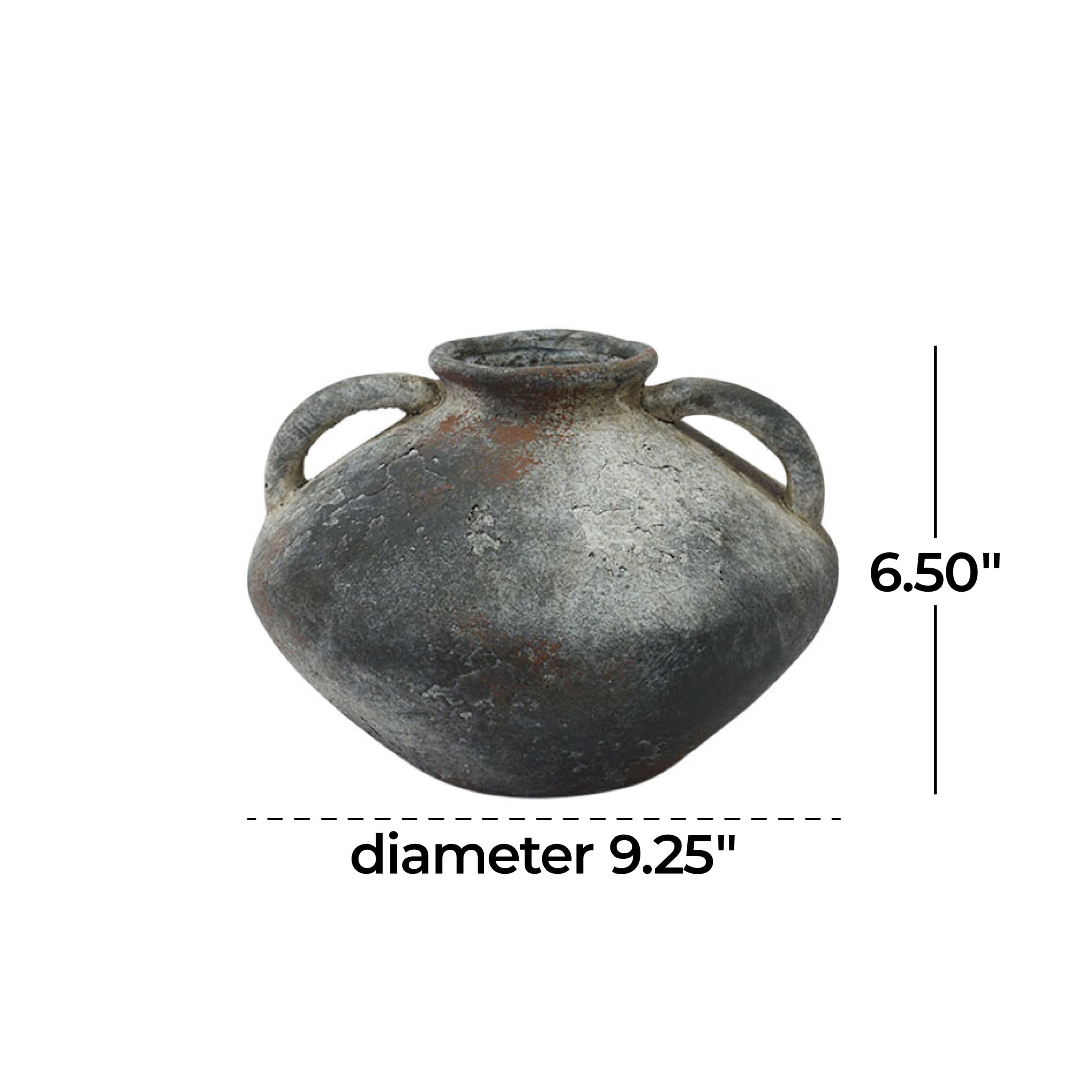 DecMode 7" Antique Style Textured Dark Gray Ceramic Vase with Brown Accents and Handles