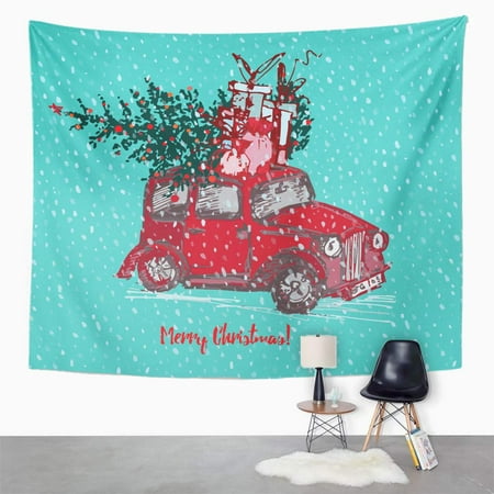 ZEALGNED Festive Christmas Red Taxi Cab Fir Tree Decorated Balls Ro Wall Art Hanging Tapestry Home Decor for Living Room Bedroom Dorm 51x60