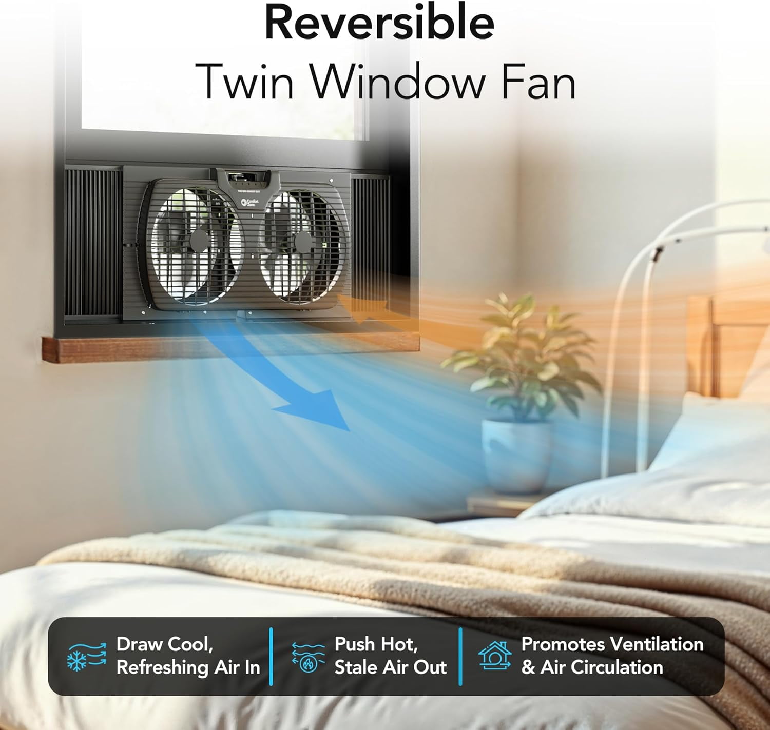 Comfort Zone 9" Twin Window Fan with Quiet Setting, 3-Speeds, Auto-Locking Expanders, Black