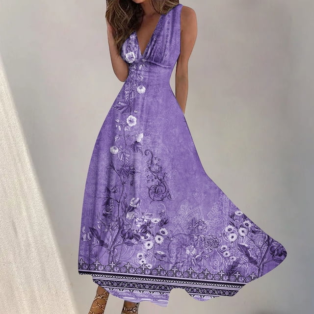 Fankiway Robe Longue Sans Manches à Col en V Imprimée Mode Printemps/été pour Femmes Robes de Plage Grande Taille pour Femmes