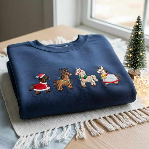 Christmas Horse Embroidered Sweatshirt, Horse Lover Gift, Farm Animal Crewneck, Xmas Winter Horse Shirt, Horse Rider Sweater