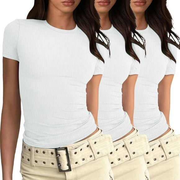 Camiseta básica de manga corta ajustada para mujer: camiseta de poliéster ajustada, top informal de verano, tallas S-XXL, estampado floral, apta para múltiples ocasiones