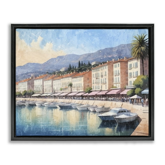 Stupell Industries Quaint Seaside Marina Beach Painting Black Floater Framed Canvas Art Print Wall Art, 21 x 17