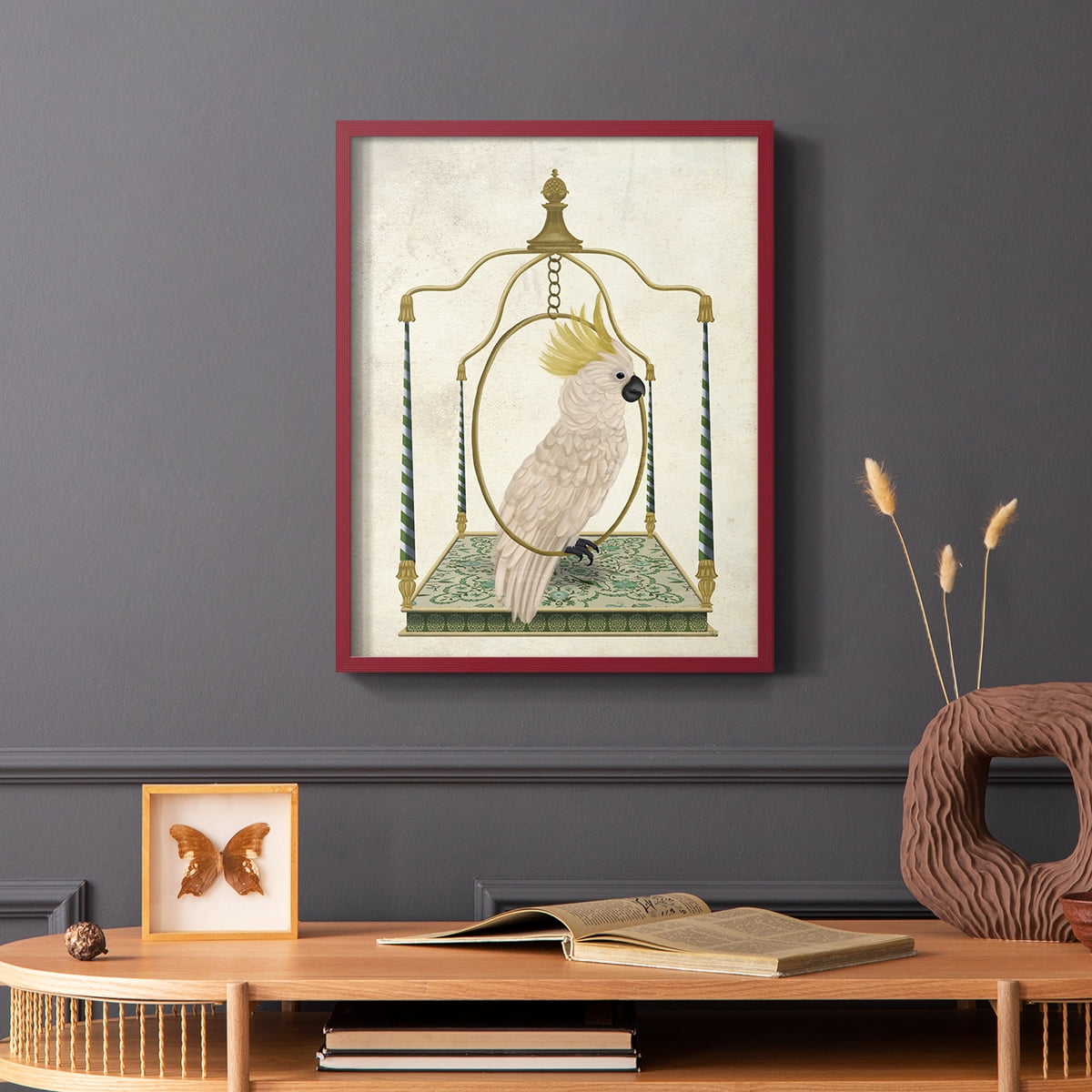 White Cockatoo on Swing Framed Print in Red Solid Wood 8 x 10 Framed Print