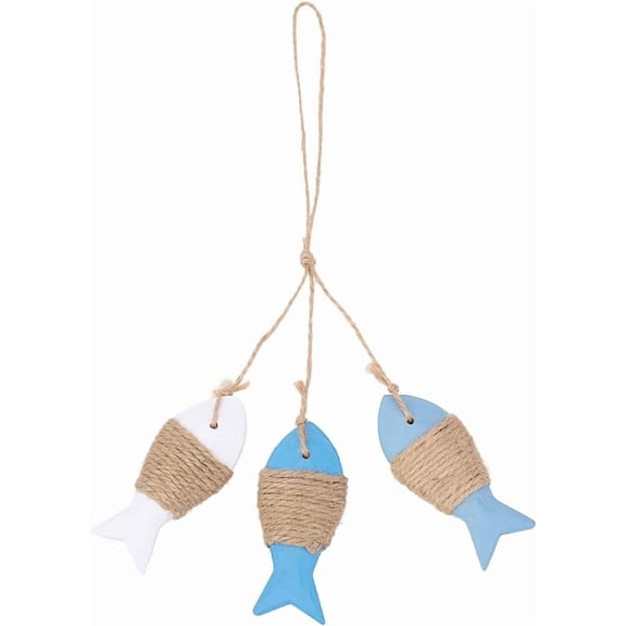 3.4 Inch Tropical Wood Fish Wall Hanging Ornament Blue White Natural Hand Carved Wooden Fishes Sea Ocean Beach Nautical Wall Sculpture Decoration for Indoor Outdoor Home Yard 1pc