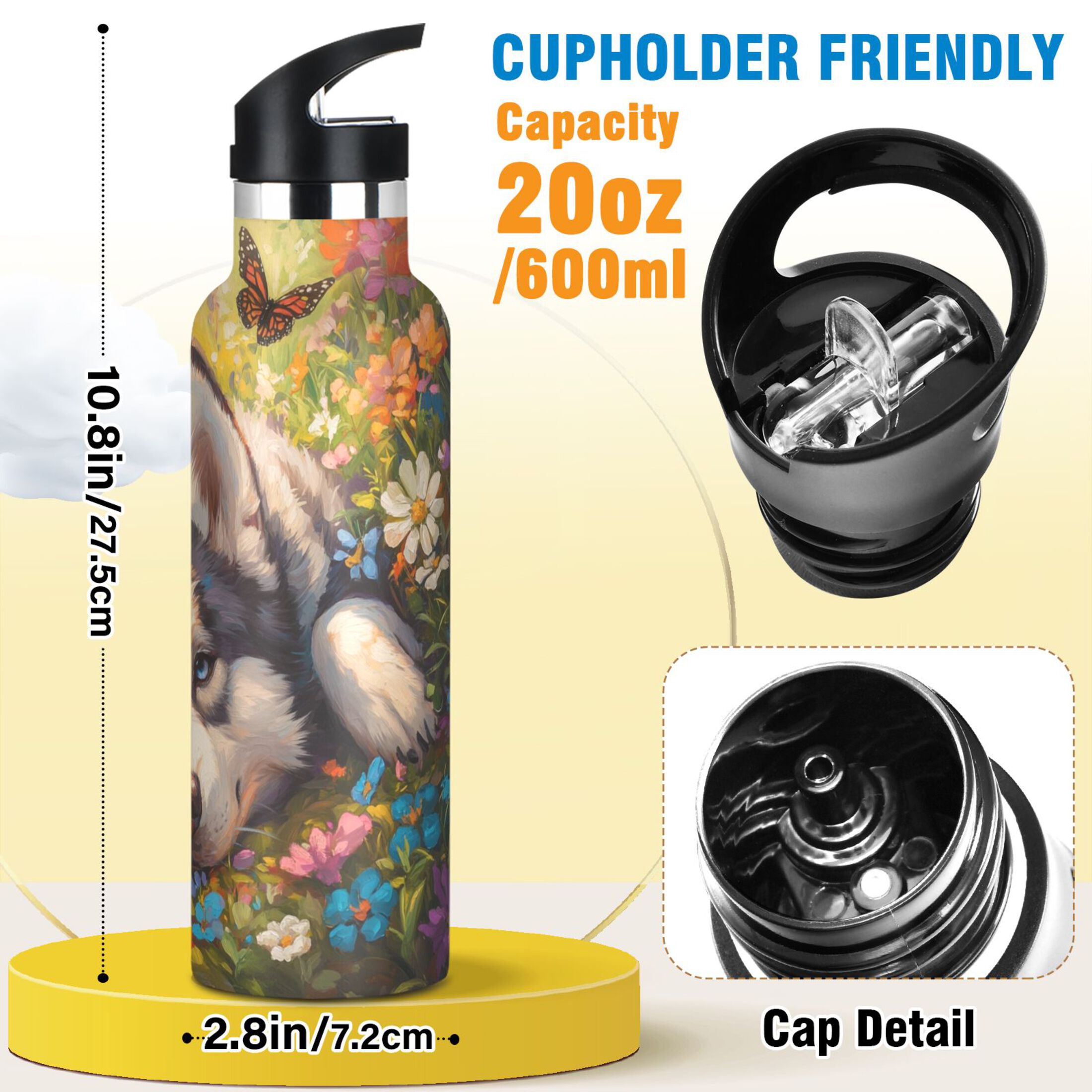 600ML Stainless Steel Insulated Cup Sports Water Bottle Portable Thermos Cup Water Glasses Insulated Tumblers Convenient and Durable Husky Butterfly