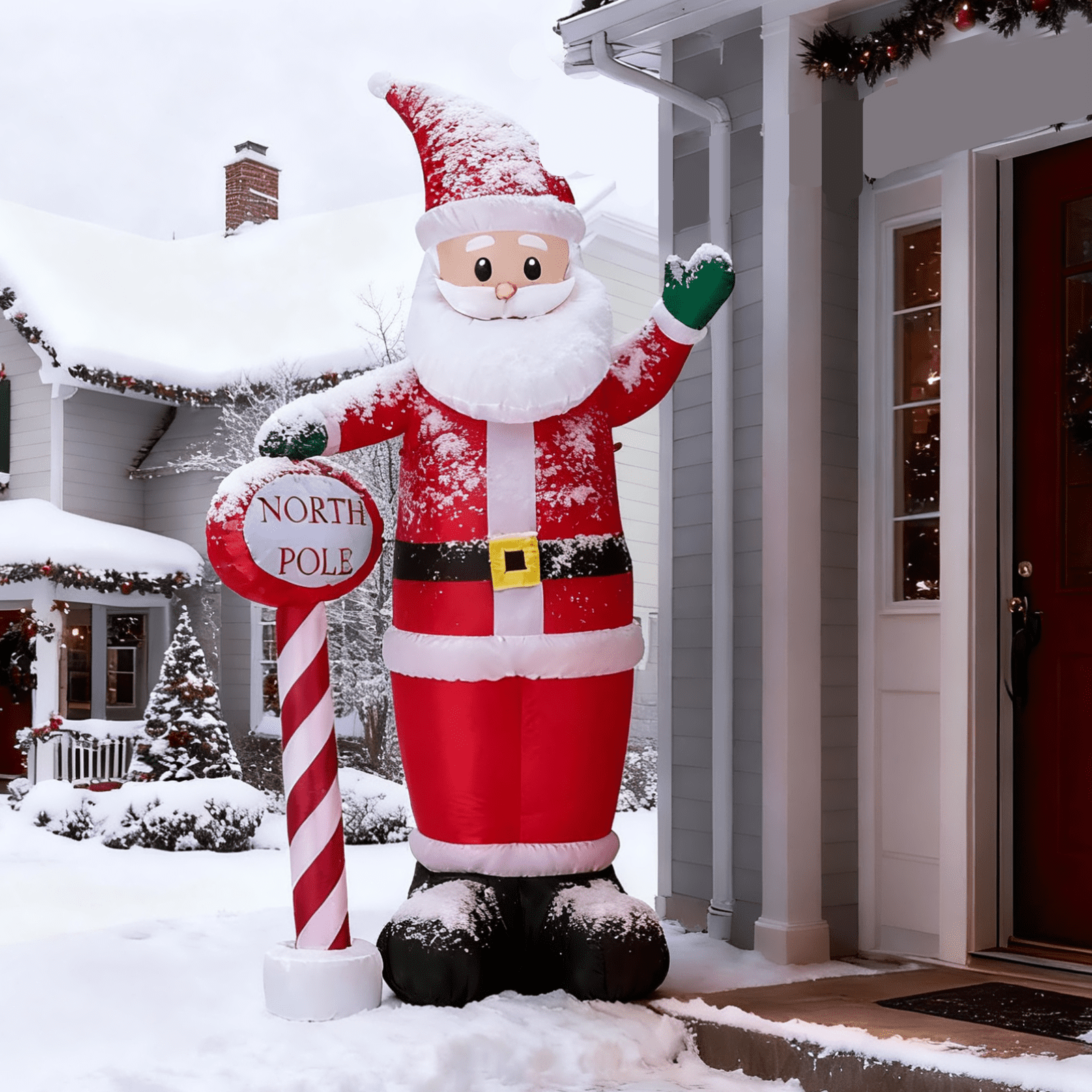 Astoutdoor Lighted Christmas Inflatable Decoration, Inflatable Santa with North Pole Road Sign, Blow Up Yard Decoration with Built-in LED Lights, 57.1 x 35.4 x 96.5 in