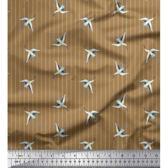 Soimoi Silk Fabric Stripe & Stork Bird Print Sewing Fabric Yard 42 Inch Wide