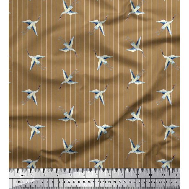 Soimoi polyester Crepe Fabric Stripe & Stork Bird Printed Fabric 1 Yard 42 Inch Wide