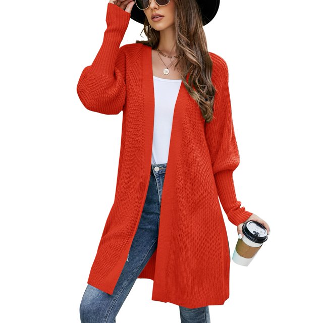 Abrigo de punto para mujer Frente abierto con cinturón Mangas largas abullonadas Color puro Longitud midi Abrigo de suéter informal Naranja S
