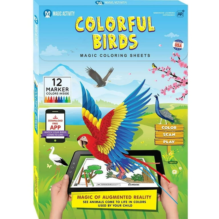 Colorful Birds Magic Coloring Book for Kids Ages 4-8 with Augmented Reality  (Color, Scan, Play) - 12 Markers & App Included 