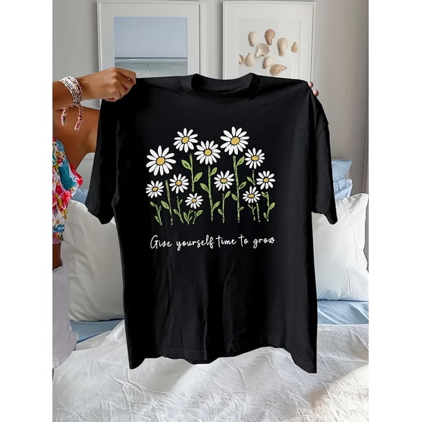 Camisetas de verano para mujer, con estampado, lindo, holgadas, atléticas, de manga corta, casual, 2025Women's Casual Daisy Print T-Shirt - Crew Neck, Short Sleeve, Polyester Blend, Machine Washable