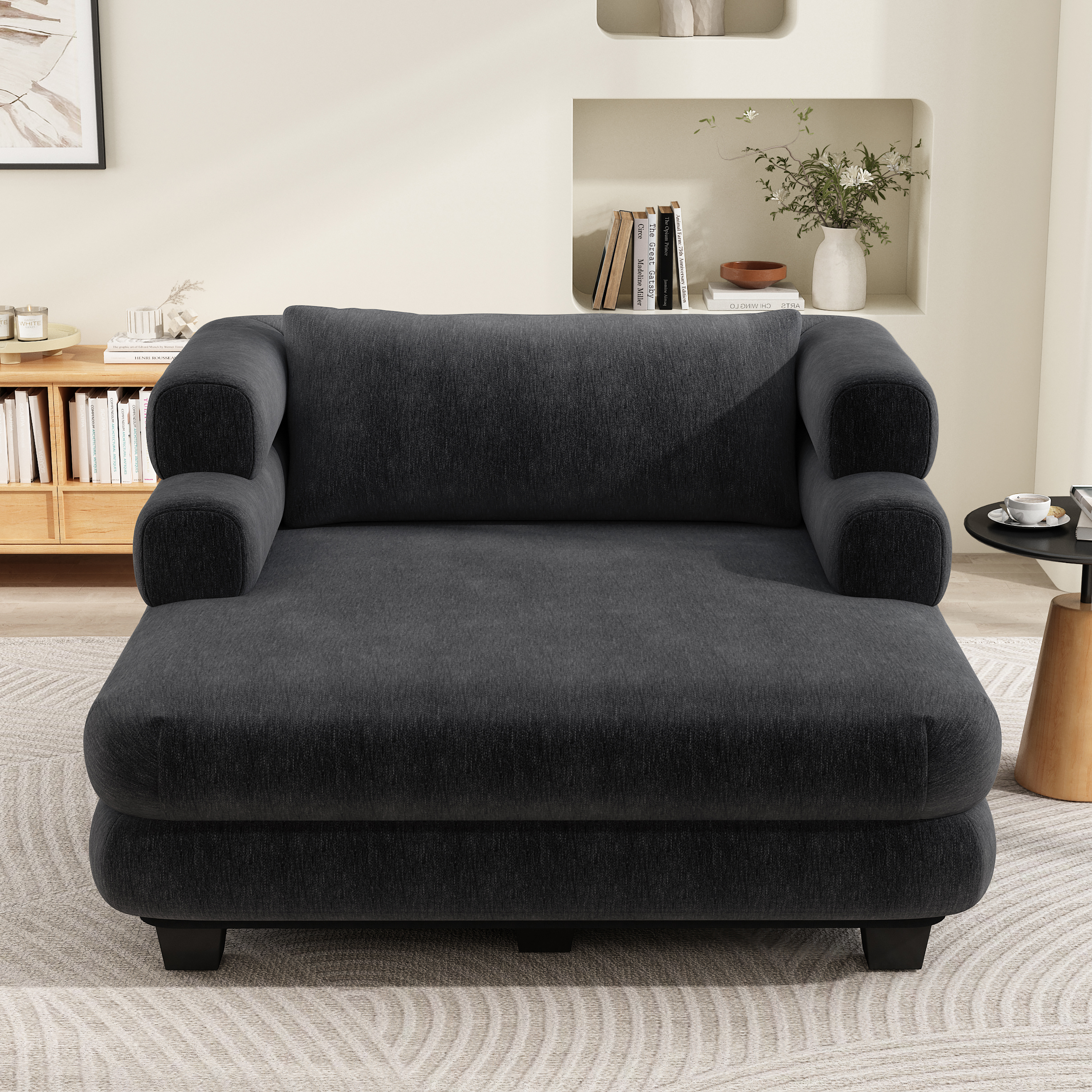 Euroco Oversized Chaise Lounge 52.4" Modern Comfy Lounger Chenille Upholstered Sofa Bed with Deep Seat and Layered Armrests for Living Room or Bedroom, Black