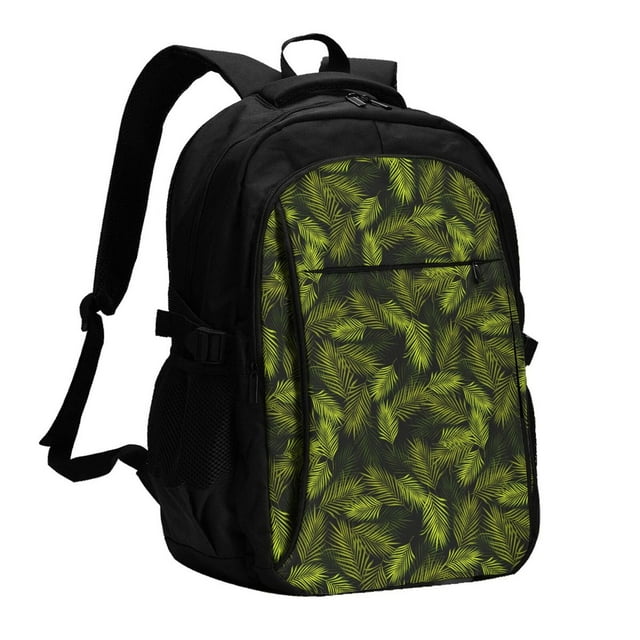 Bingfone Tropical Palm Leaves Fern Leaf for USB Backpack, Multi-compartment Multi-pocket Computer Backpack, Suitable for Travel, Business, Leisure, Unisex