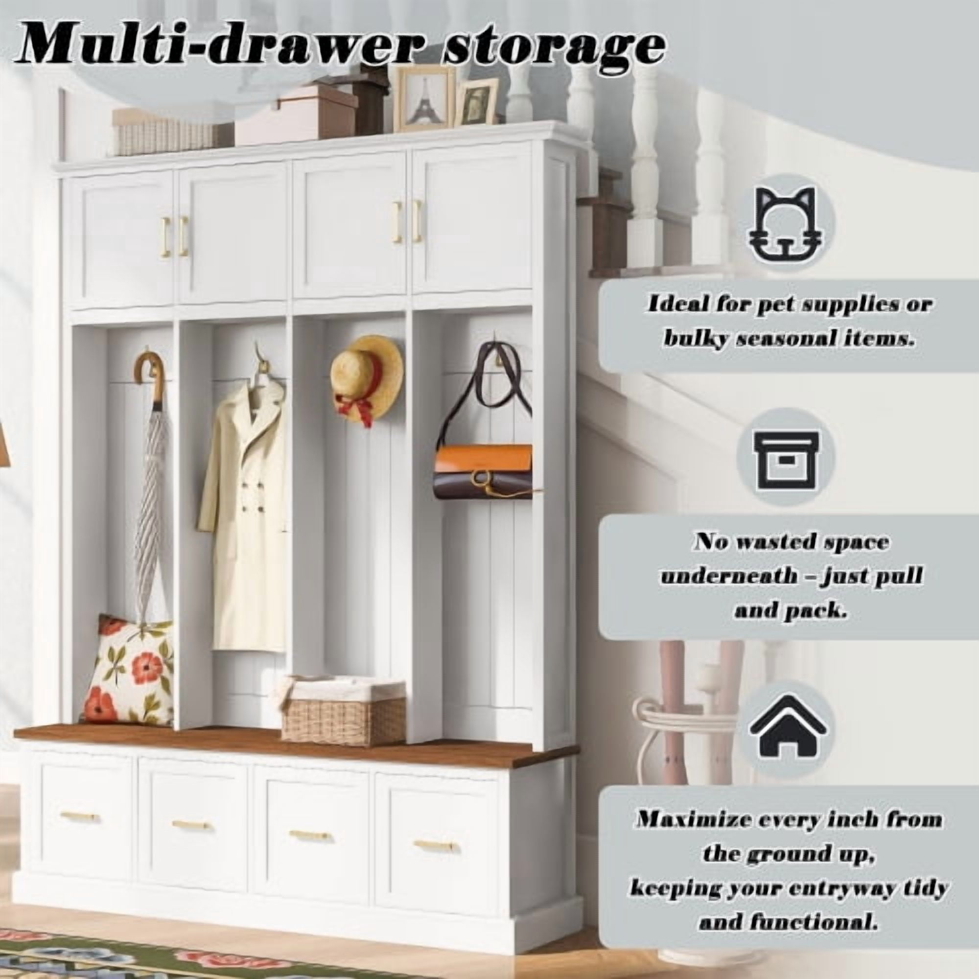 U-Can Farmhouse Entryway Hall Tree with Coat Hooks, Cabinets and Drawers, with Wood Accents and Gold Hardware, White