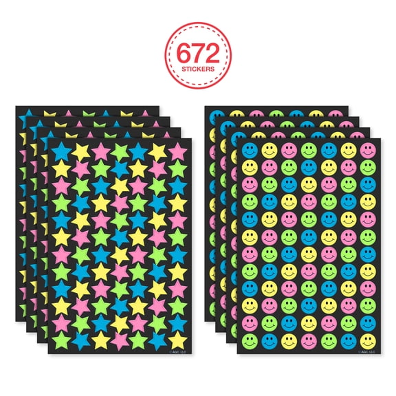 American Greetings Stickers - Neon Stars & Smiley Faces, 672 Count, 8 Sheets