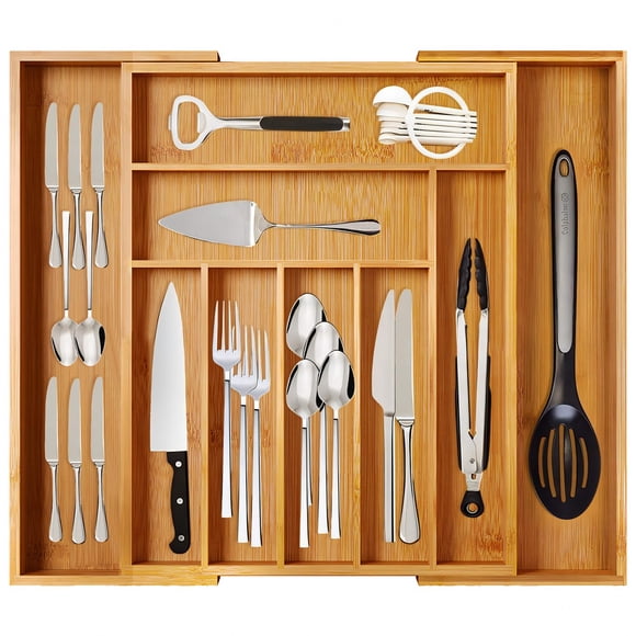 9 Compartimentos Bandeja para Cubiertos Expandible de Bamb&uacute;,Organizador de cocina ajustable 100% de bamb&uacute; EcoFriendly,Bandeja de Madera para Caj&oacute;n,Multiusos para Almac