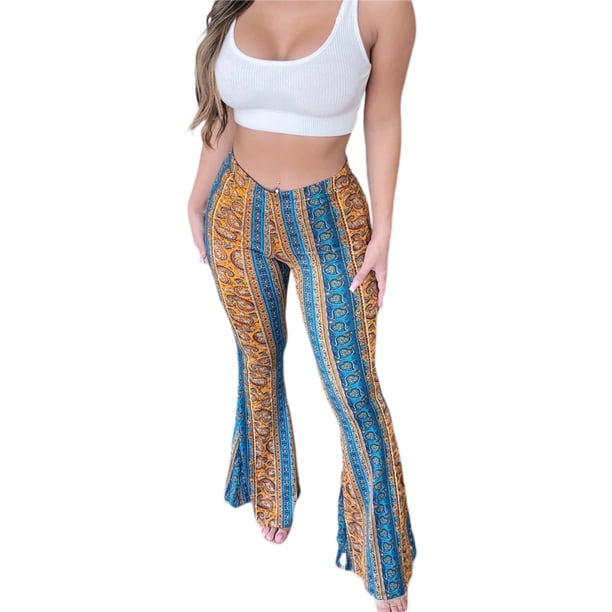 Pantalones acampanados elásticos de cintura alta con estampado bohemio para mujer, pantalones acampanados rectos informales y adelgazantes con estampado floral retro