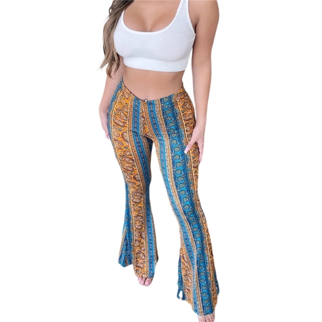 Pantalones acampanados elásticos de cintura alta con estampado bohemio para mujer, pantalones acampanados rectos informales y adelgazantes con estampado floral retro
