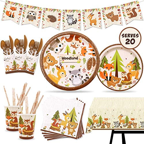 182 Pcs Woodland Animal Party Supplies Tableware Set Including Banner Plates Cups Table Cover And Napkins Serves 20 Guests For Woodland Forest Friends Theme Party Baby Shower Birthday Decorations Walmart Com Walmart Com