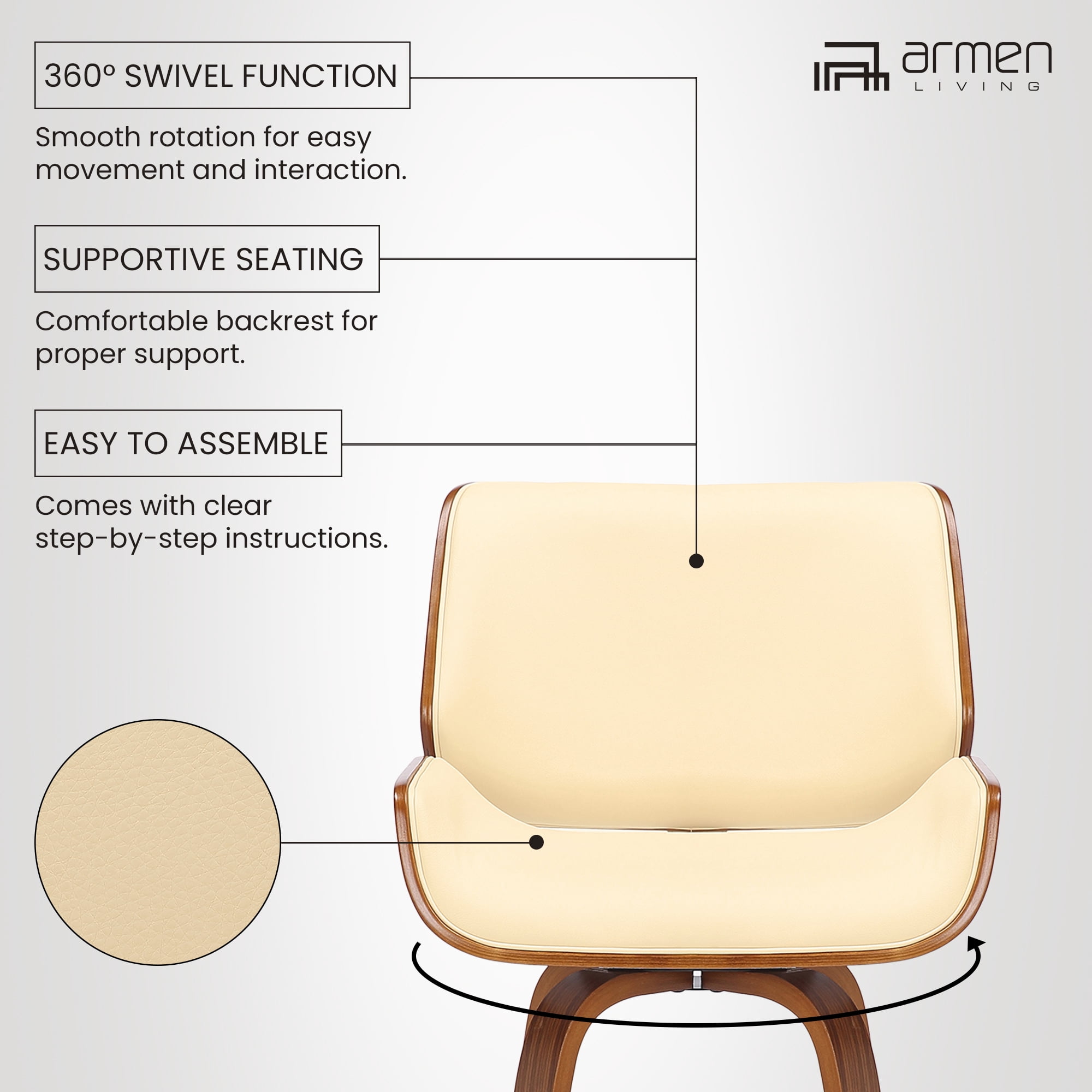 Tyler 30" Bar Height Swivel Cream Faux Leather and Walnut Wood Bar Stool - Set of 4
