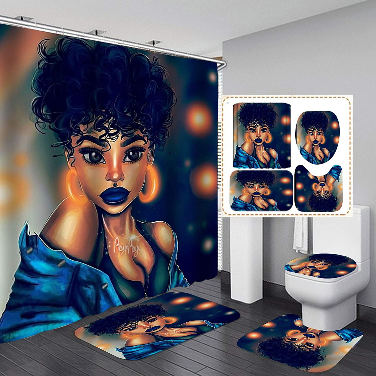 Bathroom Mat African Beauty Girl Afro Hairstyle Shower Curtain Waterpoof Fabric 