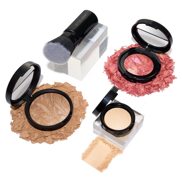 LAURA GELLER NEW YORK Kit de rutina diaria (4 piezas): base mediana Baked Balance-n-Brighten + brocha Kabuki retráctil + Blush-N-Brighten Tropic Hues + iluminador horneado original vainilla francesa
