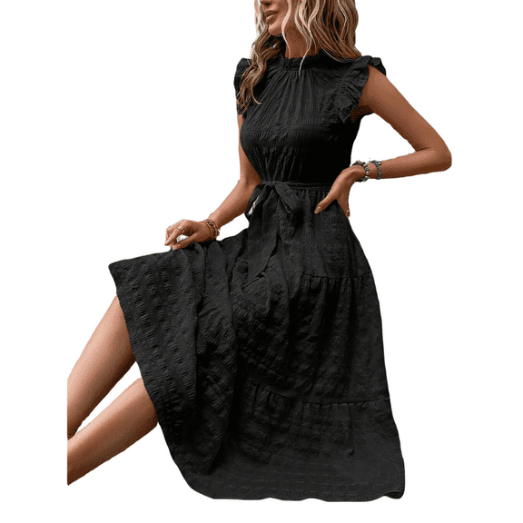 Women's Summer Dresses Boho Textured Fashion Maxi Dress V Neck Solid Elegant Party Casual Fit Elegant Vacation Sundress (Black,Small)