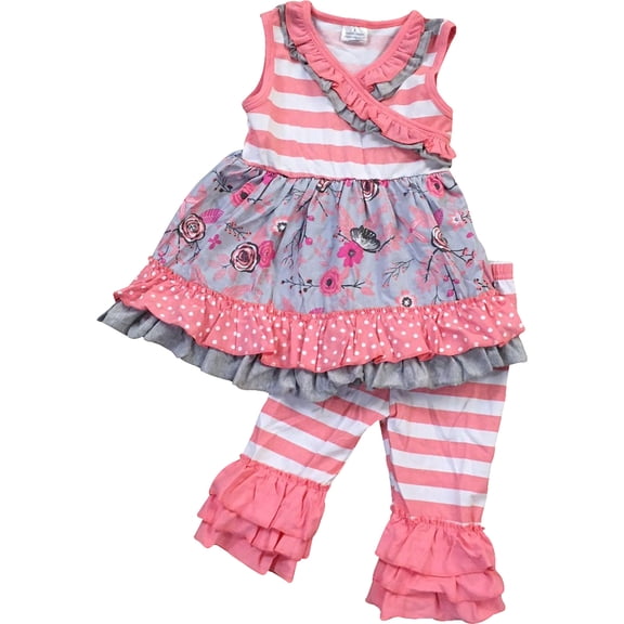 Little Girl Kids Sleeveless Floral Stripes Dress Ruffle Pants Set Pink 2T XS 200776 BNY Corner