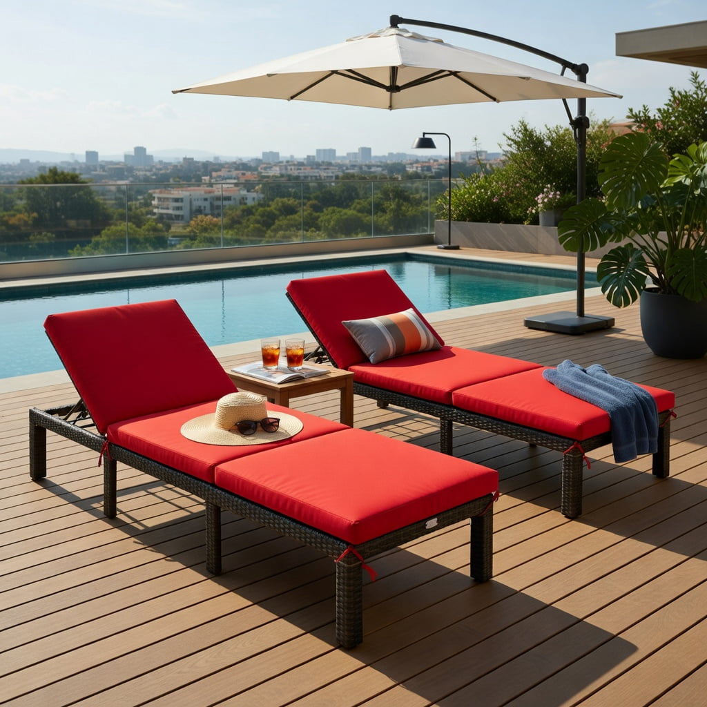 Hommoo Adjustable Outdoor Rattan Chaise Lounge Chair with Removable Cushion & PE Rattan, Perfect for Patio, Poolside & Garden, Red