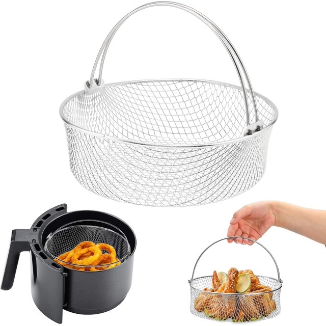 Panier pour Friteuse à Air Chaud, Accessoire de Remplacement pour Friteuse à Air 8Qt Panier en Maille avec Poignée, Panier Vapeur Rond en Acier Inoxydable 18/8 pour Friteuse à Air, Instant Pot, Four, Panier Vapeur, Panier de Friture Ménager
