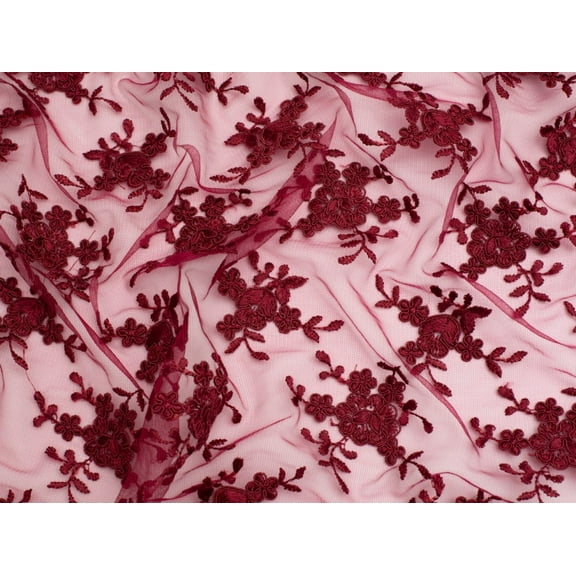 Minerva Embroidered Tulle Lace Fabric Burgundy - per yard