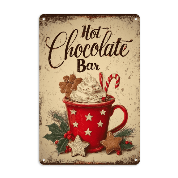 1pc Vintage Art Deco Metal Tin Sign 8x12 Inch - Hot Chocolate Gingerbread Holiday Wall Decor with Pre-Drilled Holes, Rustic Christmas Winter Home Cafe Bar Decorations, No Electricity Needed