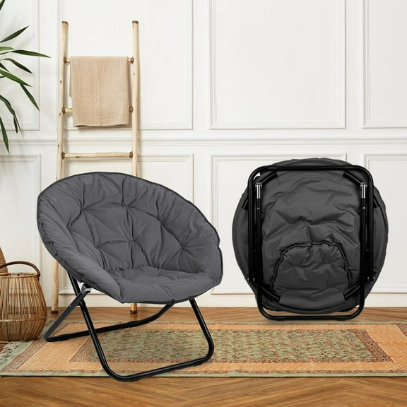 ZALIX Round Foldable Saucer Chair Capacity Cozy Chair with Black Metal Frame Portable Folding Chair for Dorm and Bedroom Grey