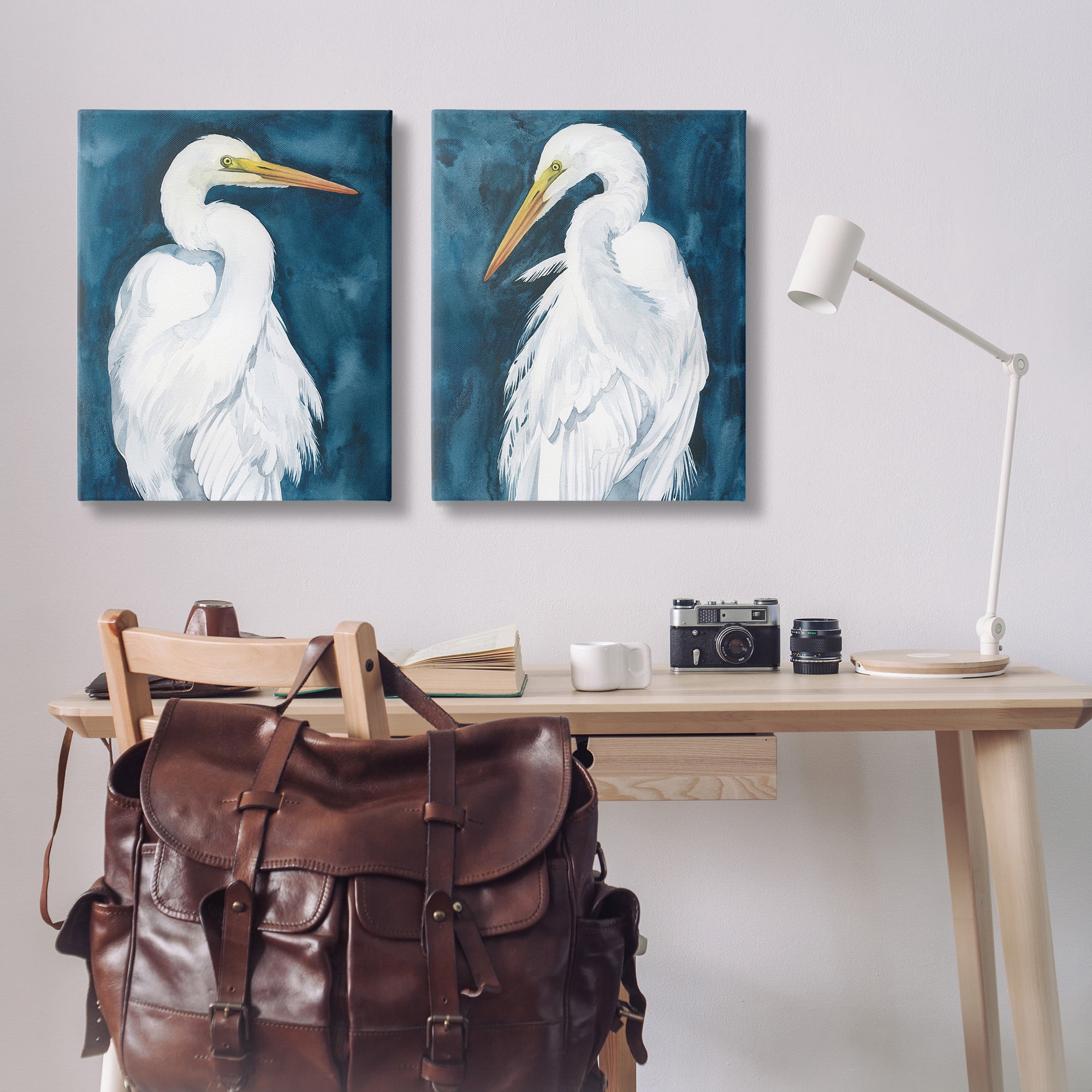Stupell Industries Elegant Egrets on Blue Animals & Insects Painting Gallery Wrapped Canvas Art Print Wall Art, 24 x 30, Set of 2