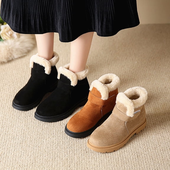 Women's Short Snow Boots Plush Warm Round Toe Winter Ankle Boots Classic Suede Hook and Loop High Top Booties