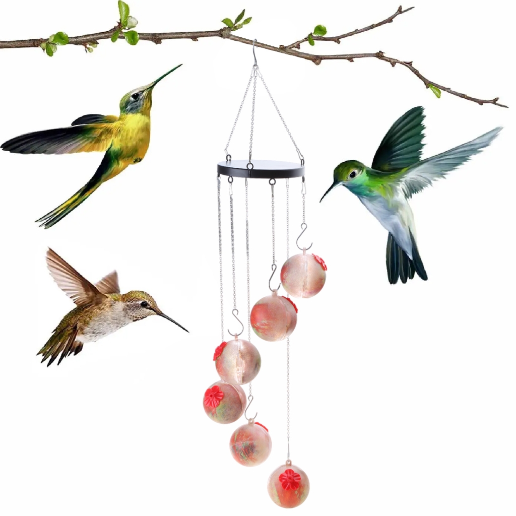 Outdoor Bird Feeder Wind Chimes Hummingbird Feeders with 6 Feeding Ports Easy Cleaning Garden Garden Yard Redness Color