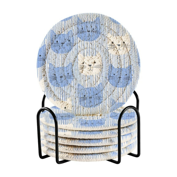 Round Placemats Set of 6 Heat Resistant Washable Kitchen Table Decorations 15.4in Cat Faces Blue White