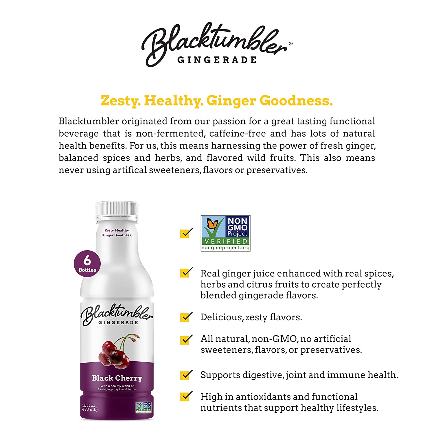 Blacktumbler Gingerade - 16 Oz. Each - Non Carbonated Ginger Drink 6 Pack Made with Pure Ginger Juice Real Herbs & Spices, Also Used as a Mixer (Black Cherry)