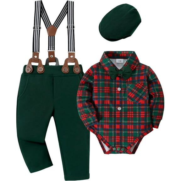 ZOEREA Baby Boy Clothes Set Infant Tuxedo Long Sleeve Gentleman Suit Outfits   Beret Hat   Suspender Pants   Bowtie 0-18M