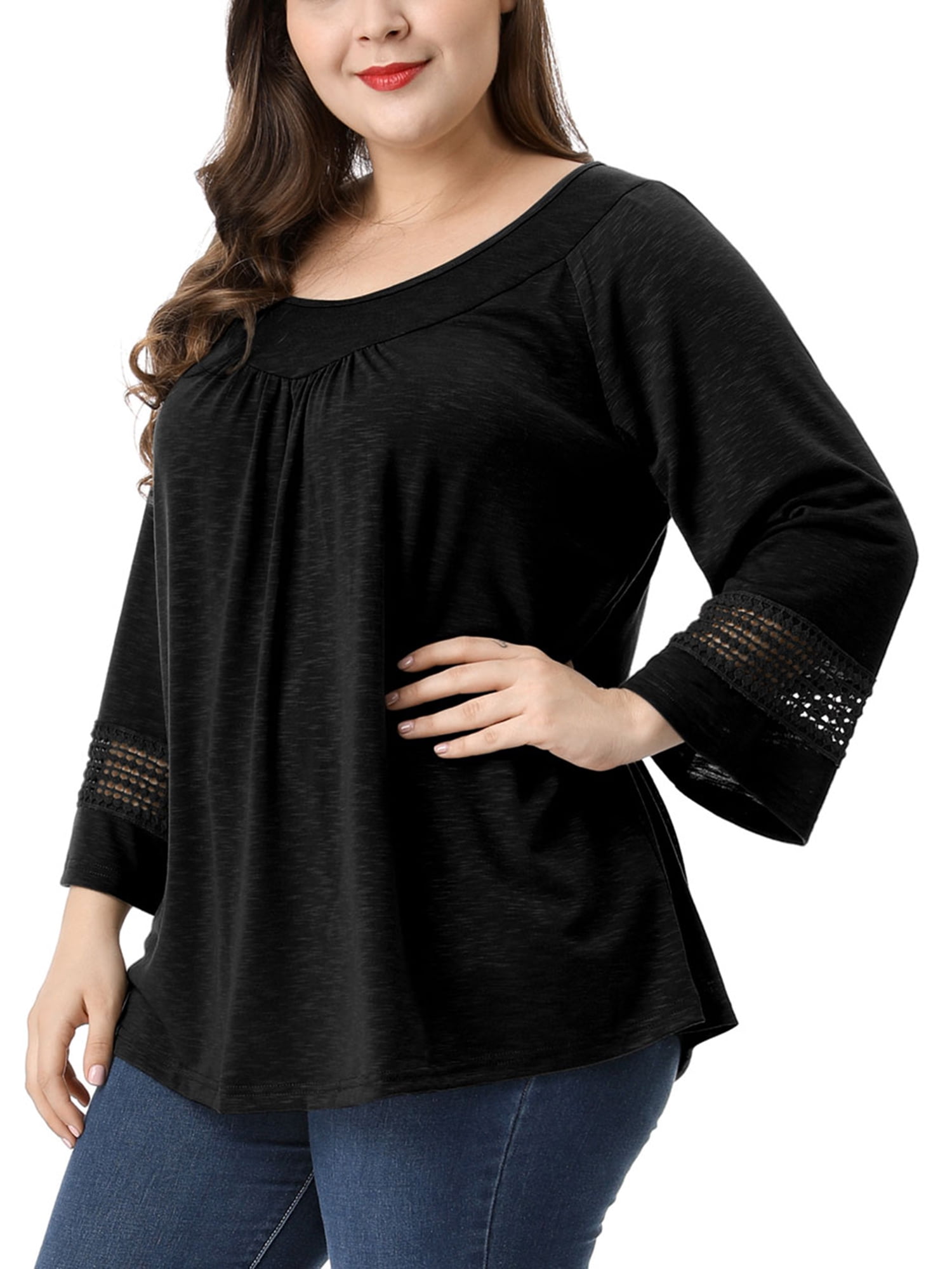 Unique Bargains Juniors' Plus Size Crochet Panel Kimono Raglan Sleeves Ruched Front Top Black 4X