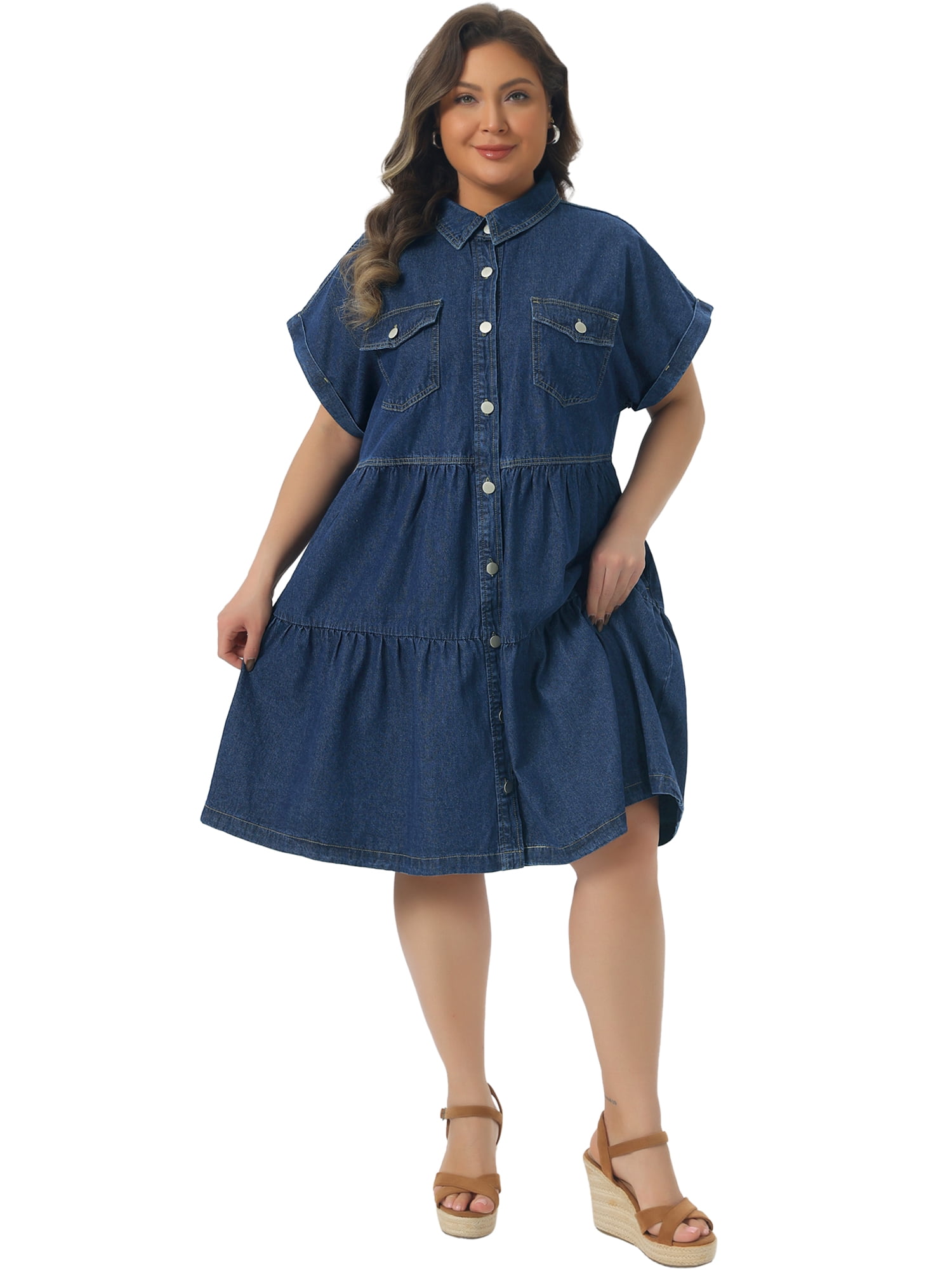 DARING DIVA Women's Plus Denim Babydoll Button Down Short Dress 3X Dark Blue