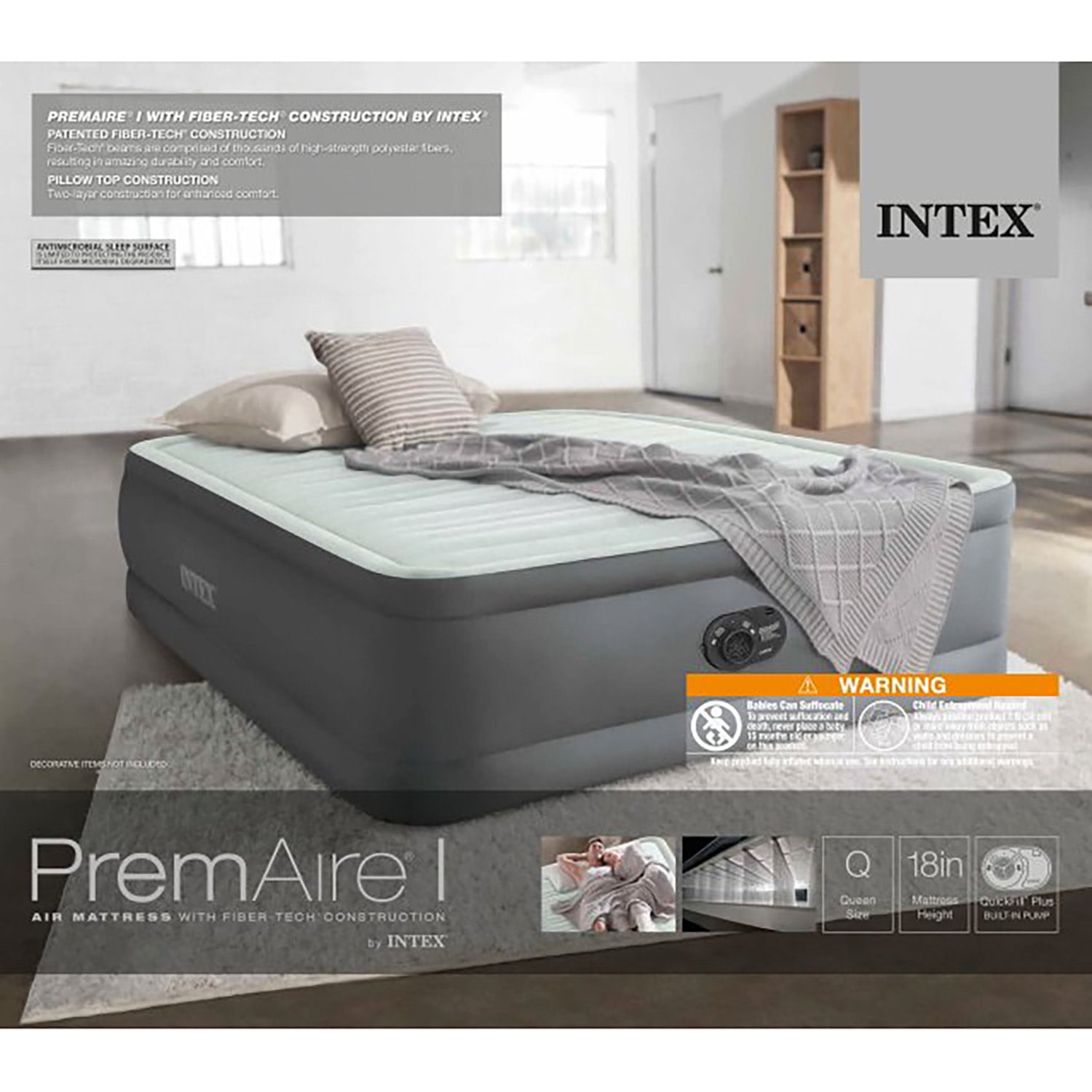 Intex: PremAire I Elevated Airbed - Queen - Gray, 18"