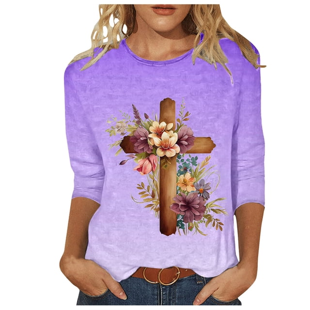 Blouse pour Femmes T-shirt Imprimé Col Rond de Pâques Manches 3/4 Col Rond Chandail