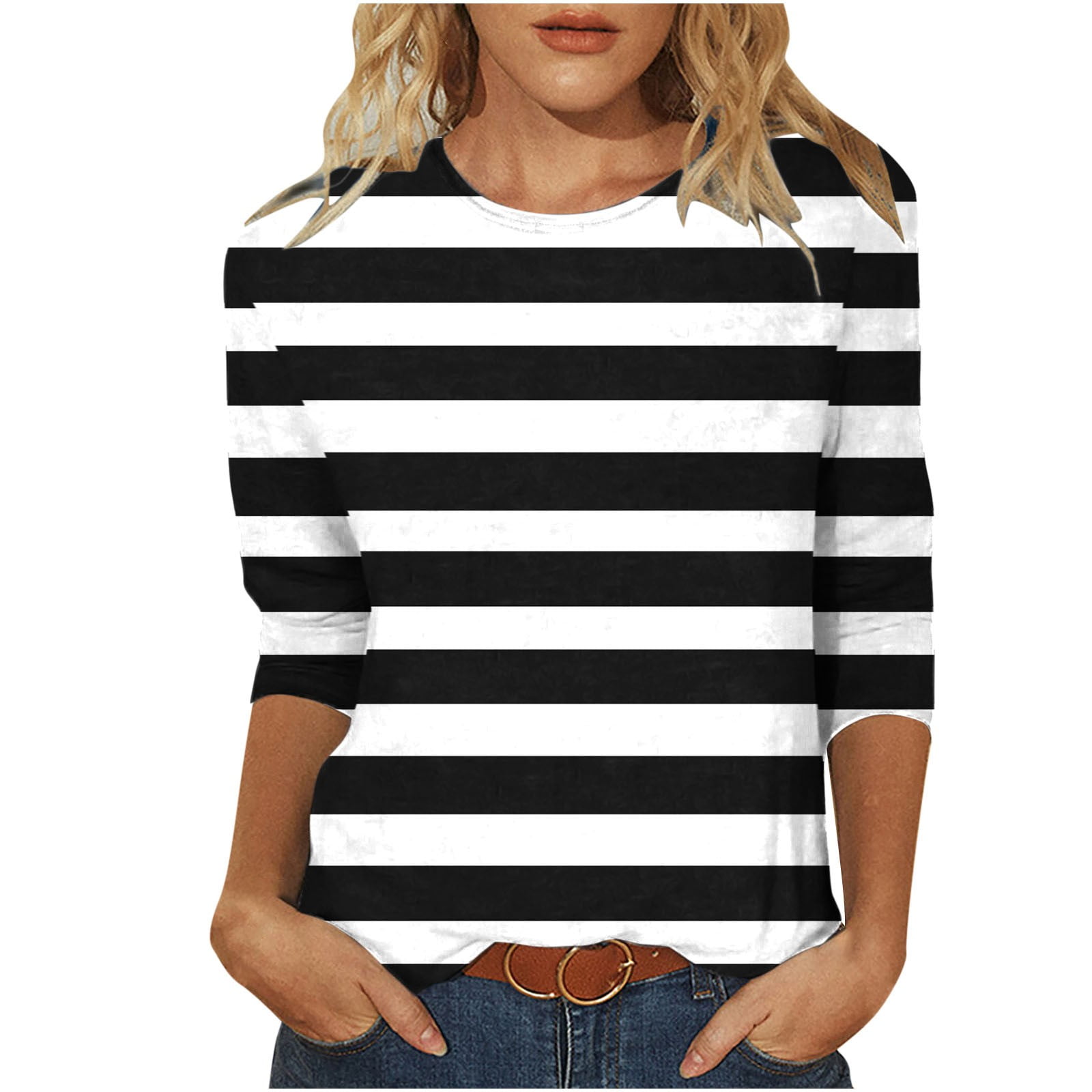 Women's Casual 3/4 Sleeve Blouse - Loose Fit Round Neck Top, Soft Stretch Fabric - View #9
