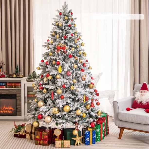 Costway Árbol de Navidad flocado preiluminado de 210 cm con bisagras, 300 luces LED y 1687 puntas de ramas