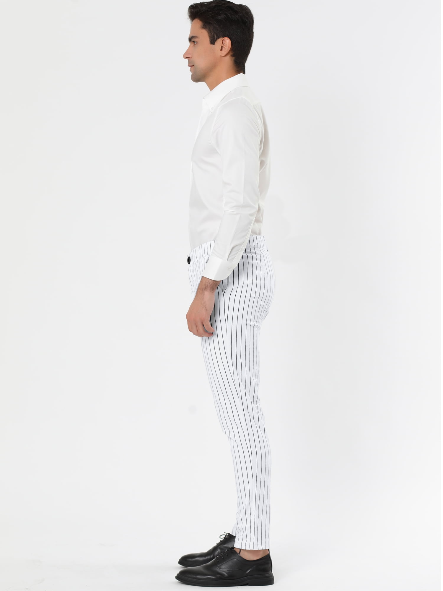 Unique Bargains Men's Striped Pants Slim Fit Flat Front Business Dress Trousers 38 White