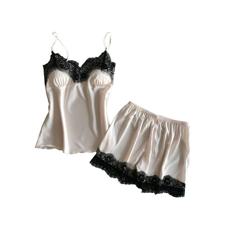 

DYMADE Womens Satin Silk Lace Cami+Shorts Sexy Lingerie 2PCS Sleepwear Pajamas Set