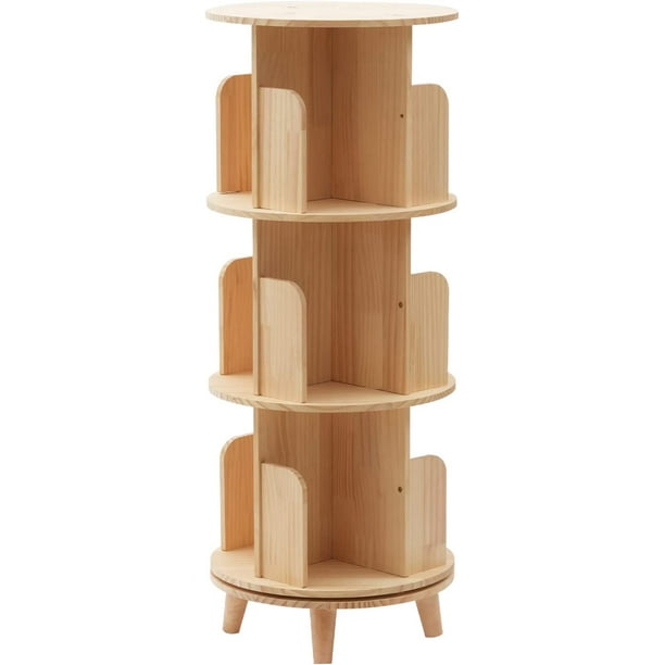 360 Degree Display Wooden Rotating Bookshelf W/4 Legs Floor Standing Bookcase(3 Tiers)