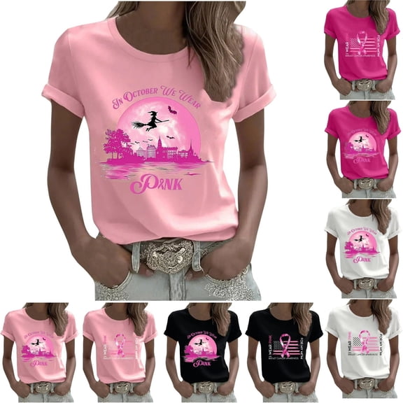 Yourumao Womens Breast Cancer Shirts Short Sleeve Pink Ribbon Graphic Tees Crewneck Plus Size Breast Cancer Awareness Survivor Shirt